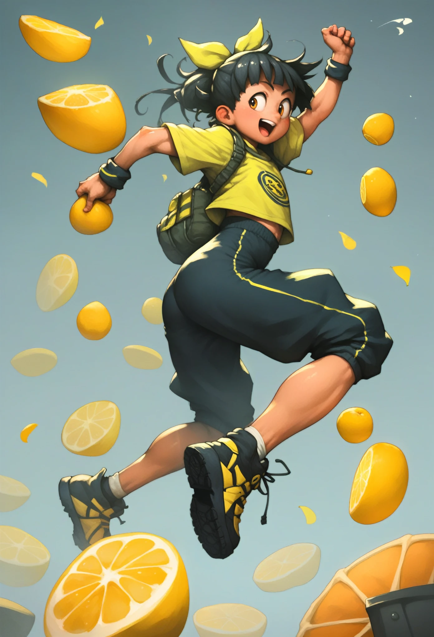 1girl, posing, micro bangs hair, style based on lemon, lemons floating in the air, score_9, score_8_up, score_7_up, score_6_up, score_5_up, score_4_up, rating_sfw, rating_acceptable, anime dark theme, low light, (Masterpiece:1.3) (best quality:1.2) (high quality:1.1), sfw