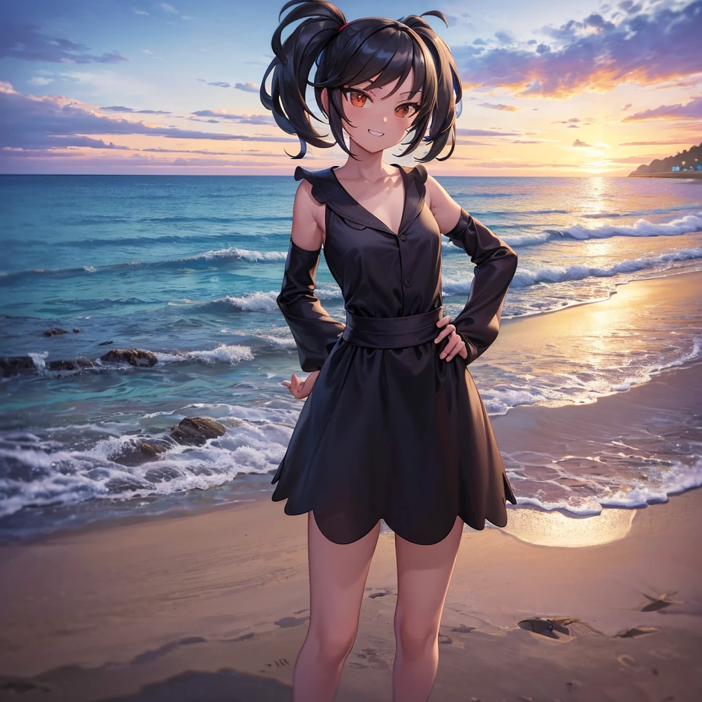 (masterpiece:1.2), (best quality), (ultra detailed), (8k, 4k, intricate), (full-body-shot:1), (highly detailed:1.2), (detailed face:1.2), (detailed background), (beach background), detailed landscape, ((pov)), cowboy shot, standing, furisode_kirika, grin, hands on hips, detached sleeves,