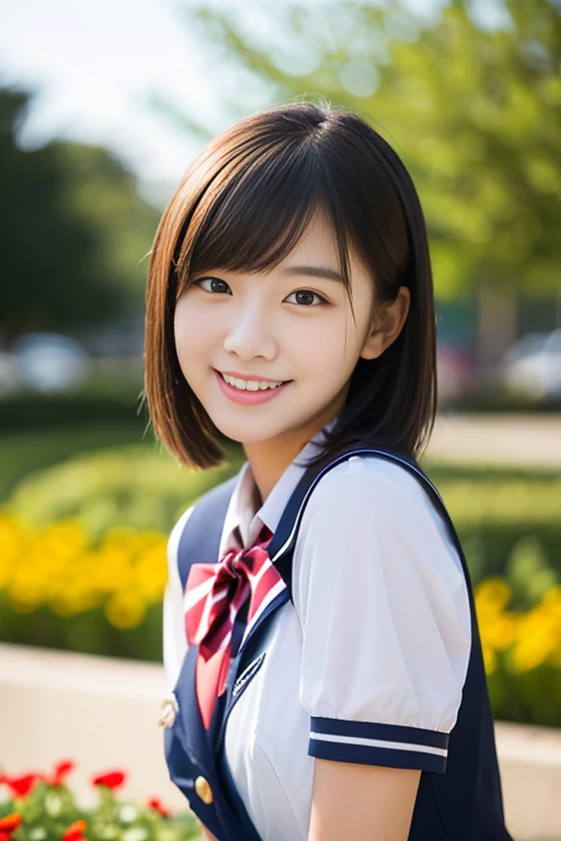 (((full bodyesbian)))、((Girls' High School Uniforms))、((1a person))、short ponytail hair、short concave bob hair、Close to the subject、((a school flower beds)))、(((ssmile)))、(((Girls' High School)))、((a beauty girl))、((sexy pose))、Photorealsitic、Beautiful detailed eyes、Hyper-Realism、high contrast、Ultra HD、realistic skin textures、Top image quality、top-quality、超A high resolution、Fine details、Very meticulously、well-endowed round bosom, bokeh