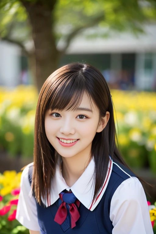 (((full bodyesbian)))、((Girls' High School Uniforms))、((1a person))、short ponytail hair、short concave bob hair、Close to the subject、((a school flower beds)))、(((ssmile)))、(((Girls' High School)))、((a beauty girl))、((sexy pose))、Photorealsitic、Beautiful detailed eyes、Hyper-Realism、high contrast、Ultra HD、realistic skin textures、Top image quality、top-quality、超A high resolution、Fine details、Very meticulously、well-endowed round bosom, bokeh