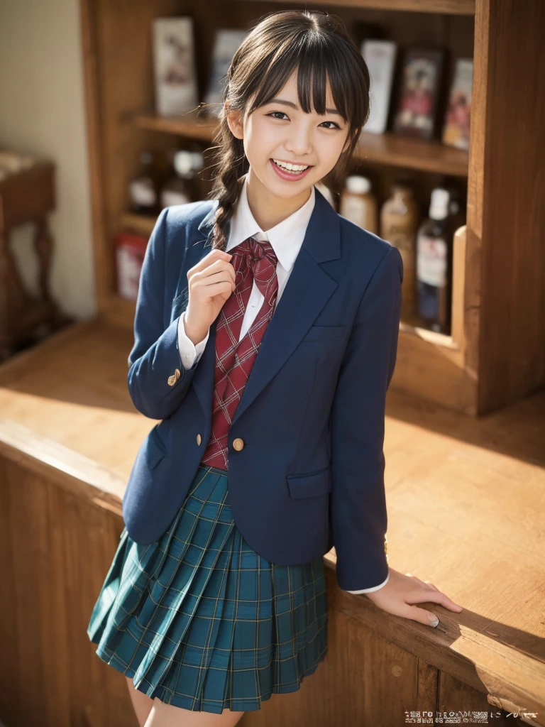 (Highest quality、masterpiece:1.2)、Highest quality、Realistic、photograph、High resolution、1080p、8k、Face is especially pale., Physical Rendering、((height: 155cm)), One Japanese girl、((Siren in the form of a 15-year-old Japanese junior high school student)), ((((Siren dressed as a beautiful girl fashion model from a Japanese magazine)))), , (((Large, very fine, beautiful dark brown eyes))), ((Blue girly big wine red shiny polyester japanese school ribbon bow tie)), (((Beautiful long black braided hair))), ((((Dark blue tartan check formal long pleated skirt)))), ((Slightly larger size with emblem on the left chest、A plain formal navy blue blazer。.)), ((((((Laugh at me!)))))), Mouth open, 大きめのブレザーとスカートがとてもcuteです., Detailed fingers, Slender body, ((Curled bangs)), so beautiful, Long eyelashes, ((とても大きくてとてもとてもとてもcute日本の女の子の目)), ((Large pupils)), double eyelid, The entire skirt is photographed, Thin eyebrows, ((Droopy eyes)), ((Long eyelashes)), ((cute、Adorable、Adorable、laughing、laughing頬)), ((Pure white light hits her face from above and in the front., Makes her skin and eyes look beautiful and radiant.)), ((Strong light hitting nose and cheeks、Bring out the richness of expression.)), (((((Her face is expressive, Pure and very intelligent.))))), (((((Going down the devil&#39;s stairs、Arrive at the Underground Demon Succubus Temple!!))))), ((Shot in the back))