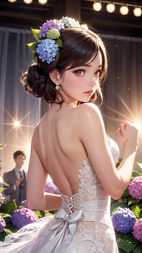 1girl, solo, (photorealistic:1.4), very delicate and beautiful, (top quality:1.4), (high detailed skin:1.4), glowing eyes, goddess, shiny skin, Beautiful detailed face, real skin texture, expressive eyes, luscious lips, glossy lips, natural makeup, golden bob hair, purple eyes, partially clad in a gorgeous (dance party hydrangea:1.3) lace wedding dress, suggestive gaze, elegant and attractive posture, upper body shot, (from below:1 .4),(white back ground:1.4)