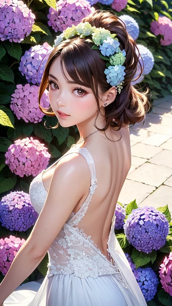 1girl, solo, (photorealistic:1.4), very delicate and beautiful, (top quality:1.4), (high detailed skin:1.4), glowing eyes, goddess, shiny skin, Beautiful detailed face, real skin texture, expressive eyes, luscious lips, glossy lips, natural makeup, golden bob hair, purple eyes, partially clad in a gorgeous (dance party hydrangea:1.3) lace wedding dress, suggestive gaze, elegant and attractive posture, upper body shot, (from below:1 .4),(white back ground:1.4)