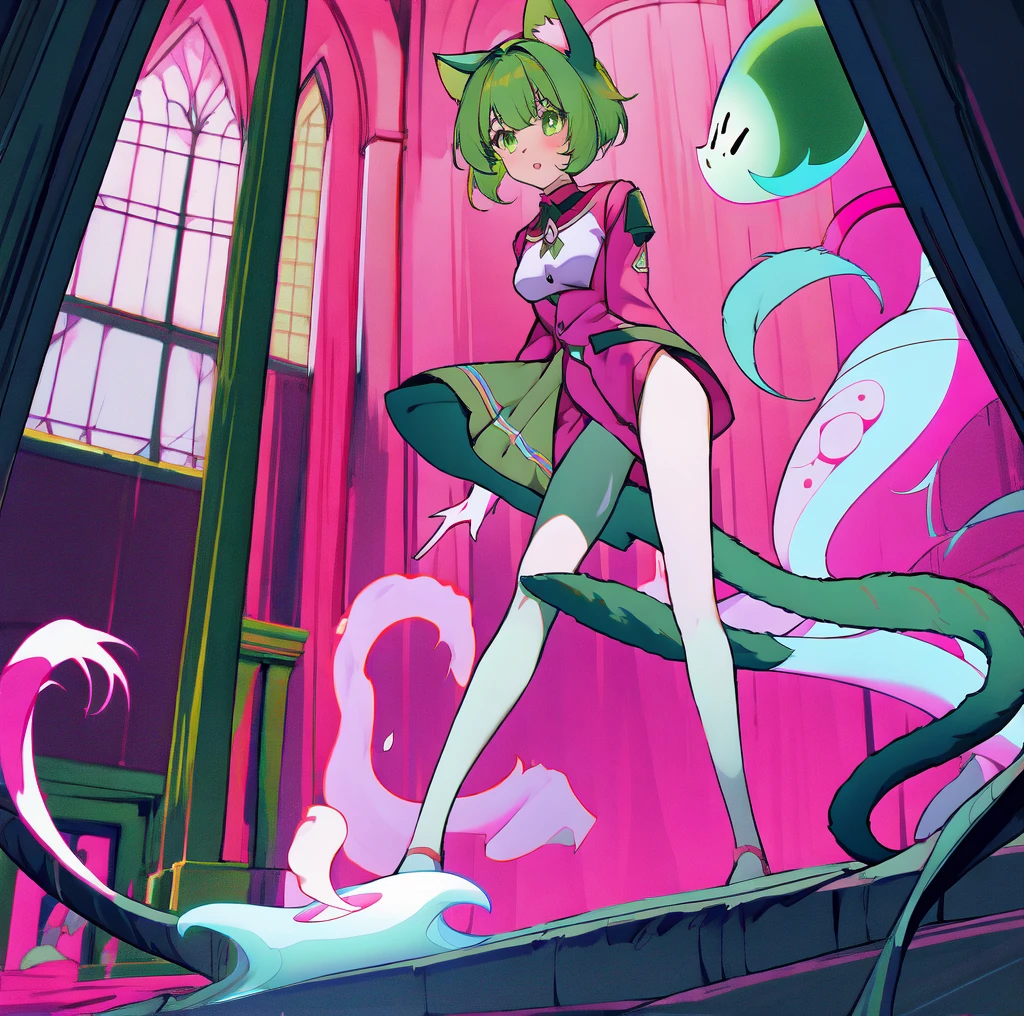 two anime girls standing by each other in hagworts ,multiple girls, 2 girls, tail, animal ears,wizard  hat,schoop uniform,green hair,pink hair,big room,windows,ghost