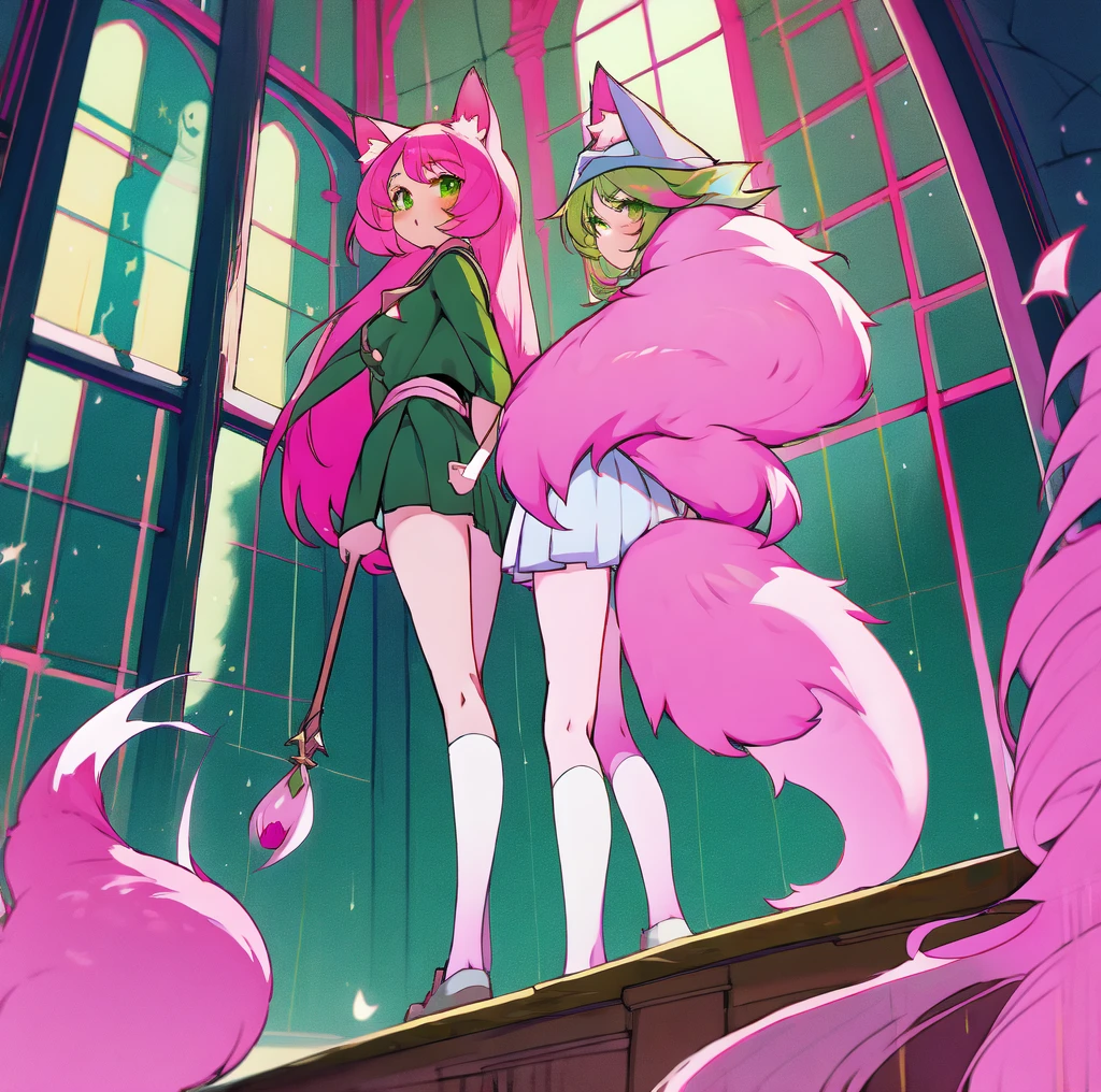 two anime girls standing by each other in hagworts ,multiple girls, 2 girls, tail, animal ears,wizard  hat,schoop uniform,green hair,pink hair,big room,windows,ghost