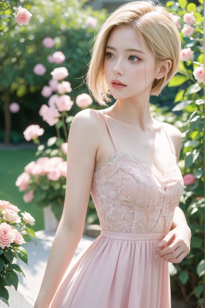 One girl in cute dress with tube top ultra miniskirt, short pastel blonde hair with hime cut and bangs, heterochromia, perfect anatomy, centered, near perfect, dynamic, very Detailed, Smooth and sharp focus, Full body shot, 8K, Masterpiece, Fine details, Color rich, Intricate details