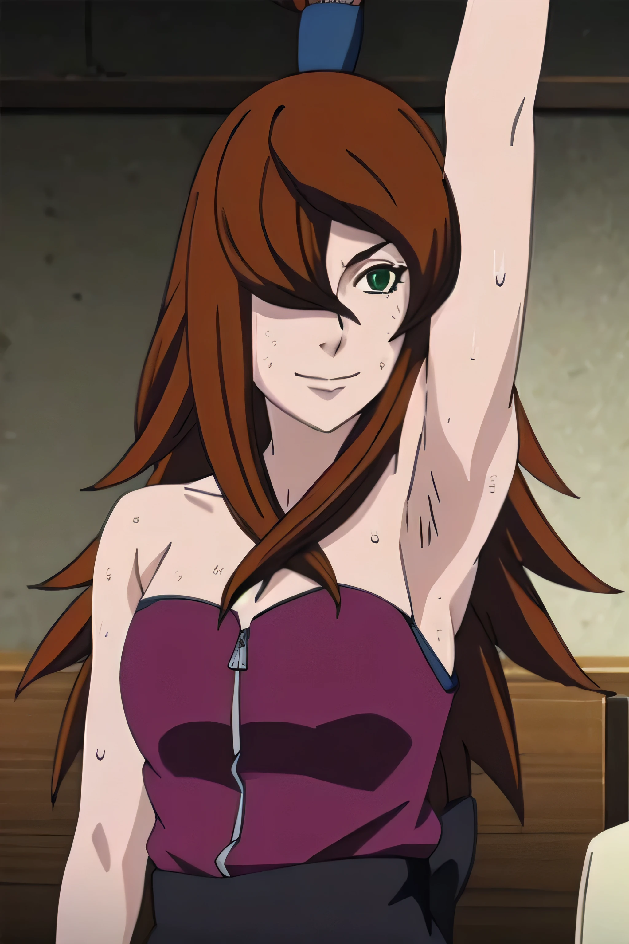 MEI, 1girl, solo, upper body, facing viewer, looking at viewer, smile,armpits,armpit,sweat,sweaty,sweaty armpits,awesome armpits,tired,exhausted,sensual expression