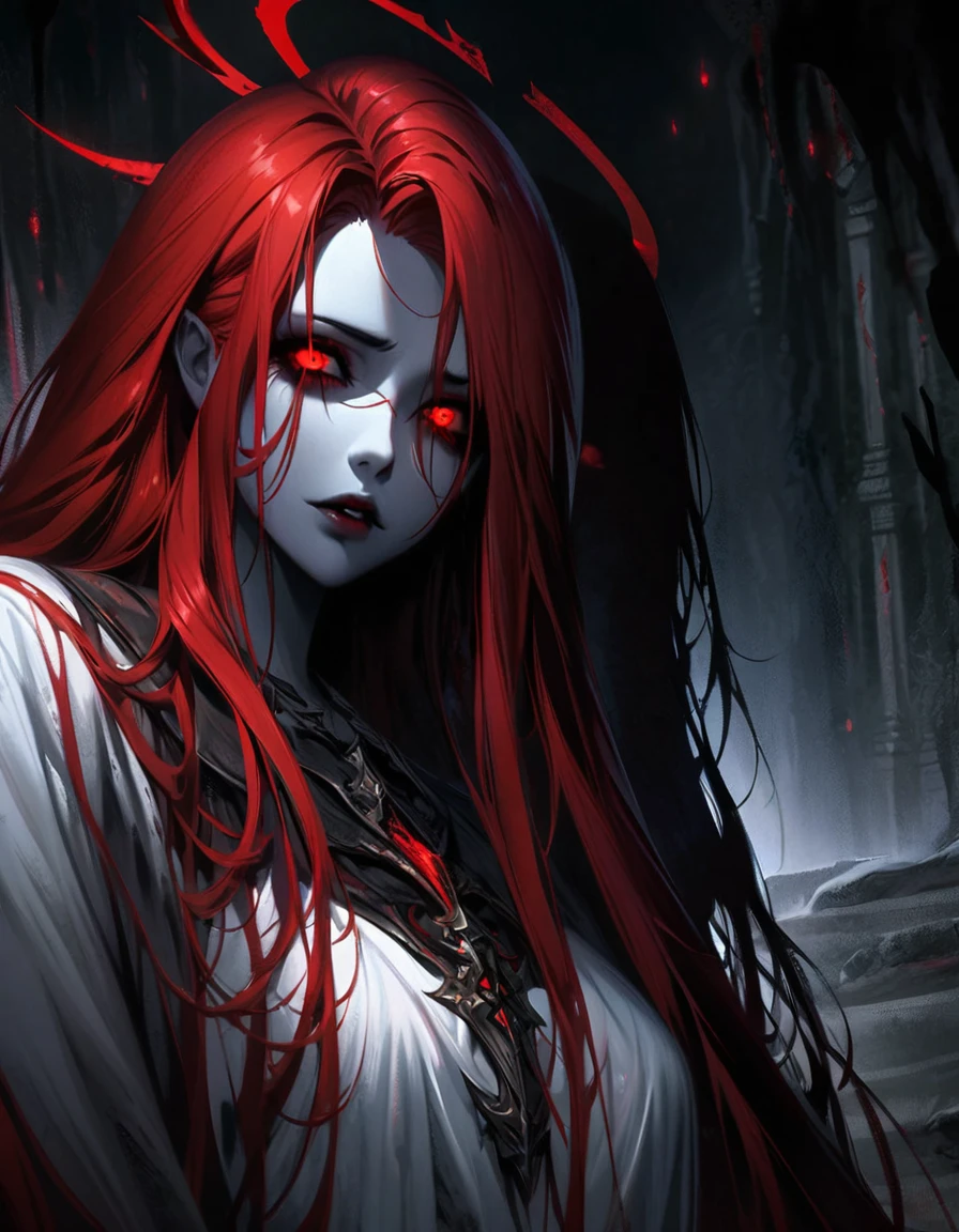 (dark fantasy), horror art, gloomy deity, dark girl, pale white skin, brightly red eyes, glowing eyes, red sclera, bright red hair, long hair, unique red black white halo, (dark lighting), many shadows, cold lights