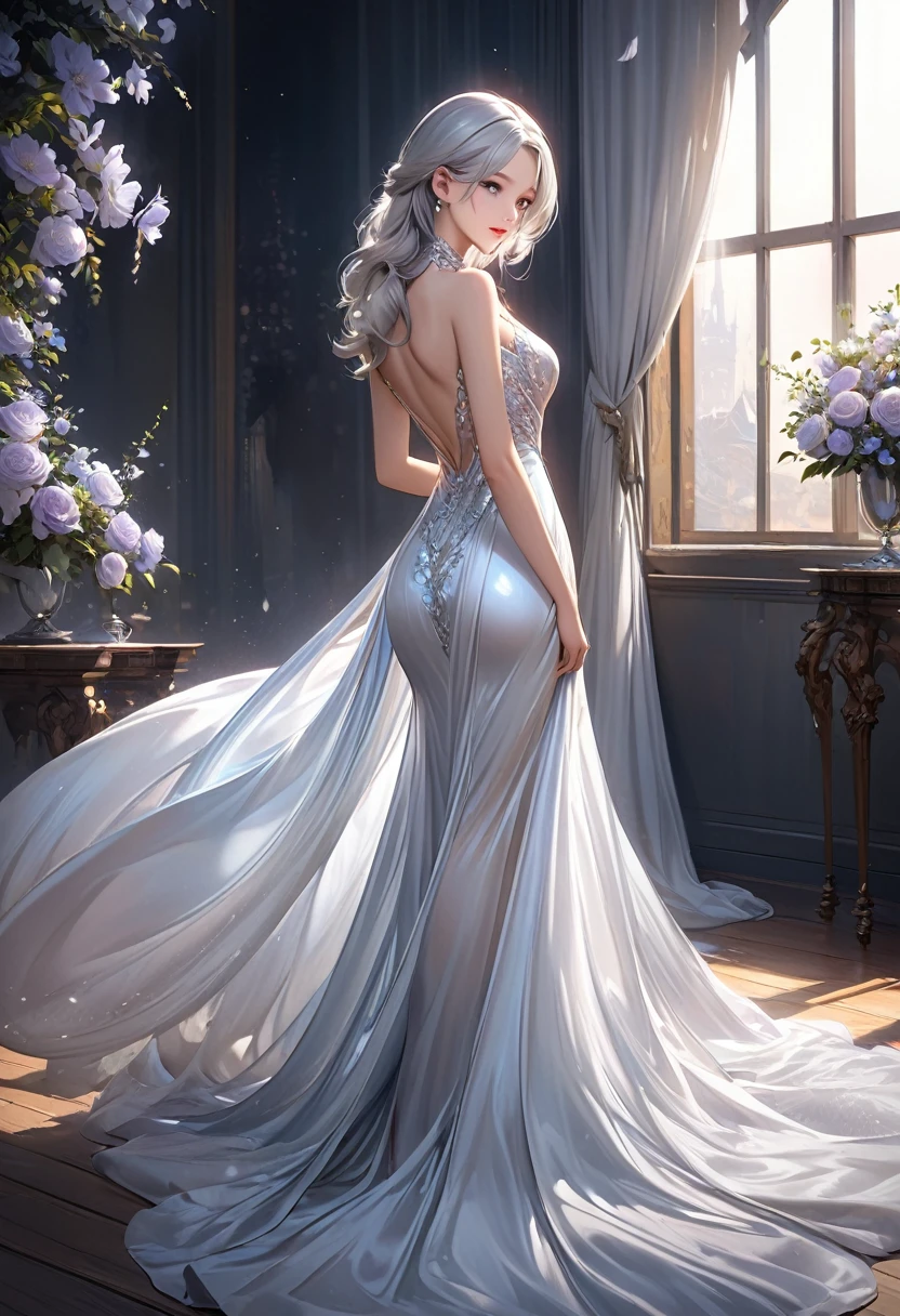 ( Perfect anatomical structure ) A girl in a white evening dress looks back with flowers on her silver hair, Elegant long silk evening gown with(Glossy),
White long hem evening dress, Elegant silk evening gown, Ethereal Beauty, Stunning young figure. Beautiful ethereal fantasy. Exquisite rendering. Elegant beautiful girl. Brilliant and gorgeous effects. Extreme body proportions. Delicate and dynamic. Realistic. Ultra-detailed digital art style.