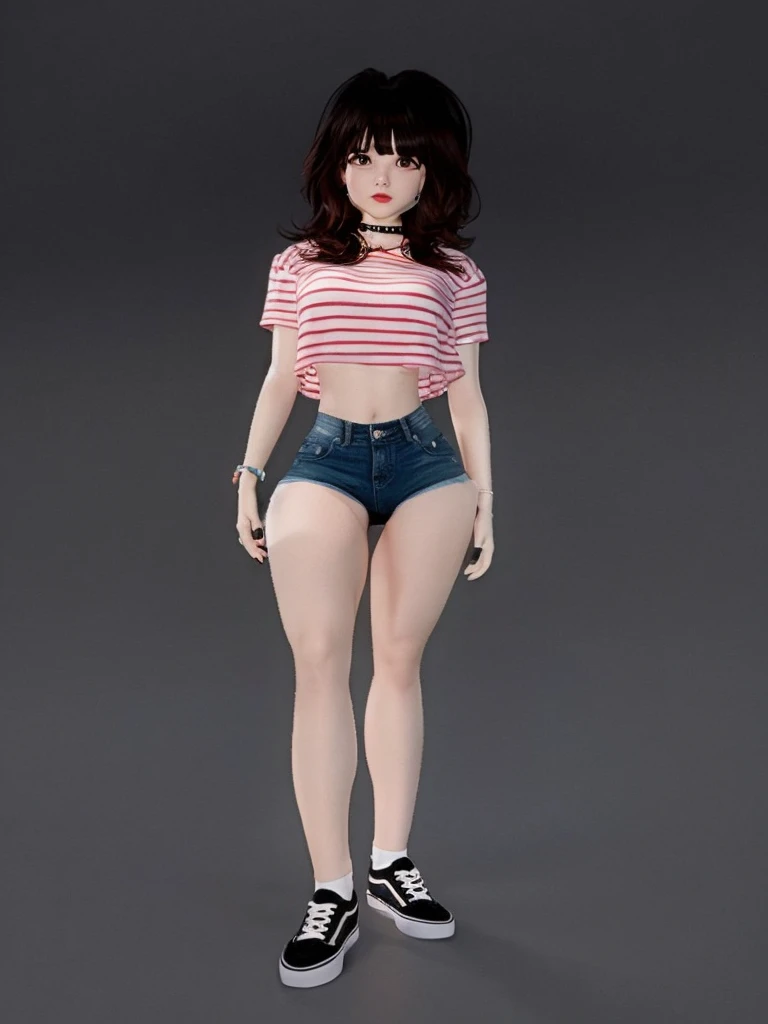 girl sexy realistic, fringe hair realistic, face sweet realistic wearing realistic t-shirt, realistic shorts denim, realistic ankle white socks, realistic vans shoes uses choker and bracelets realistic details.