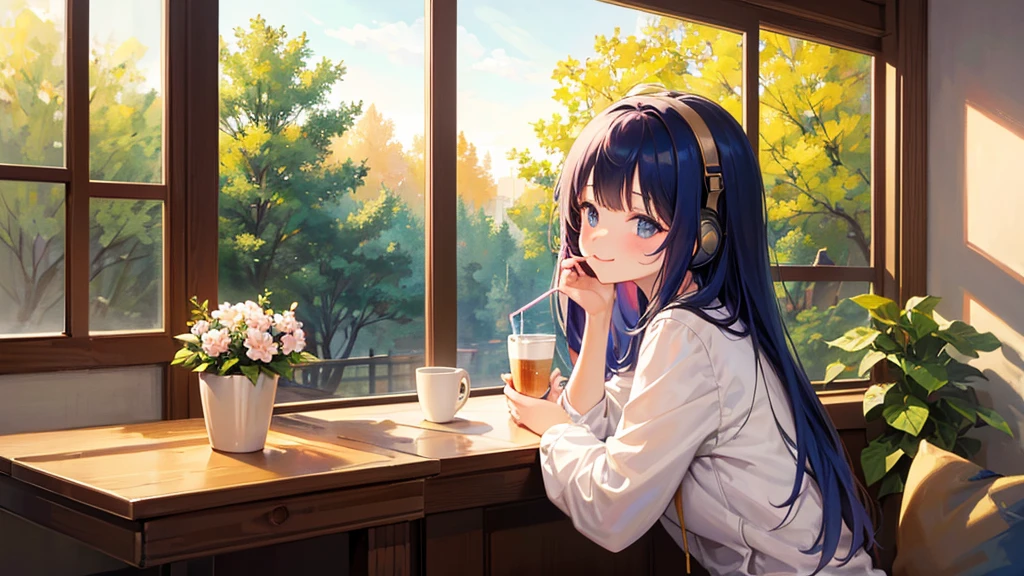 A smiling girl is drinking coffee in a cafe while listening to music with headphones. There's a straw on the table, and sunlight streams through the window, creating a warm and cozy atmosphere. The space is filled with a floral aesthetic and pastel colors, looking like a slice of everyday life. She enjoys a quiet morning, with the aroma wafting from a latte with elegant latte art. The scene has a bokeh effect, and potted plants and cherry trees can be seen. Her cheeks are red, and she has blue hair with a wave motif pattern, pondering something with a gentle and delicate expression.