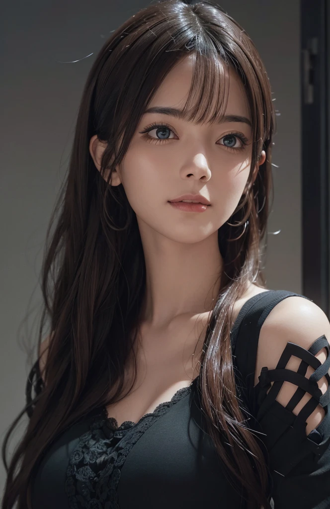 (Ultra Realistic), (Illustration), (Increased Resolution), (8K), (Extremely Detailed), (Best Illustration), (Beautiful and Detailed Eyes), (Best Quality), (Ultra Detailed), (Masterpiece ), ( wallpaper), (detailed face), solo, 1 girl, looking at viewer, fine details, detailed face, in the dark, deep shadows, low key, pureerosfaceace_v1, smiling, long hair, black shawl straight hair , 46 points oblique bangs