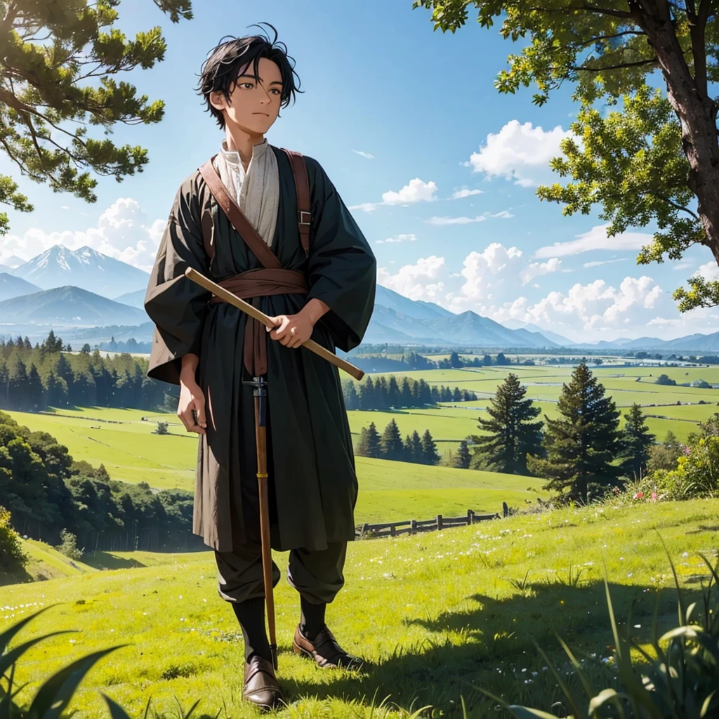 In a green meadow stands a faceless black hair boy holding stick of wooden with medieval farmer outfit
BREAK
Behind him, a green forest stretches out and beyond that, mountains rise in the distance.
