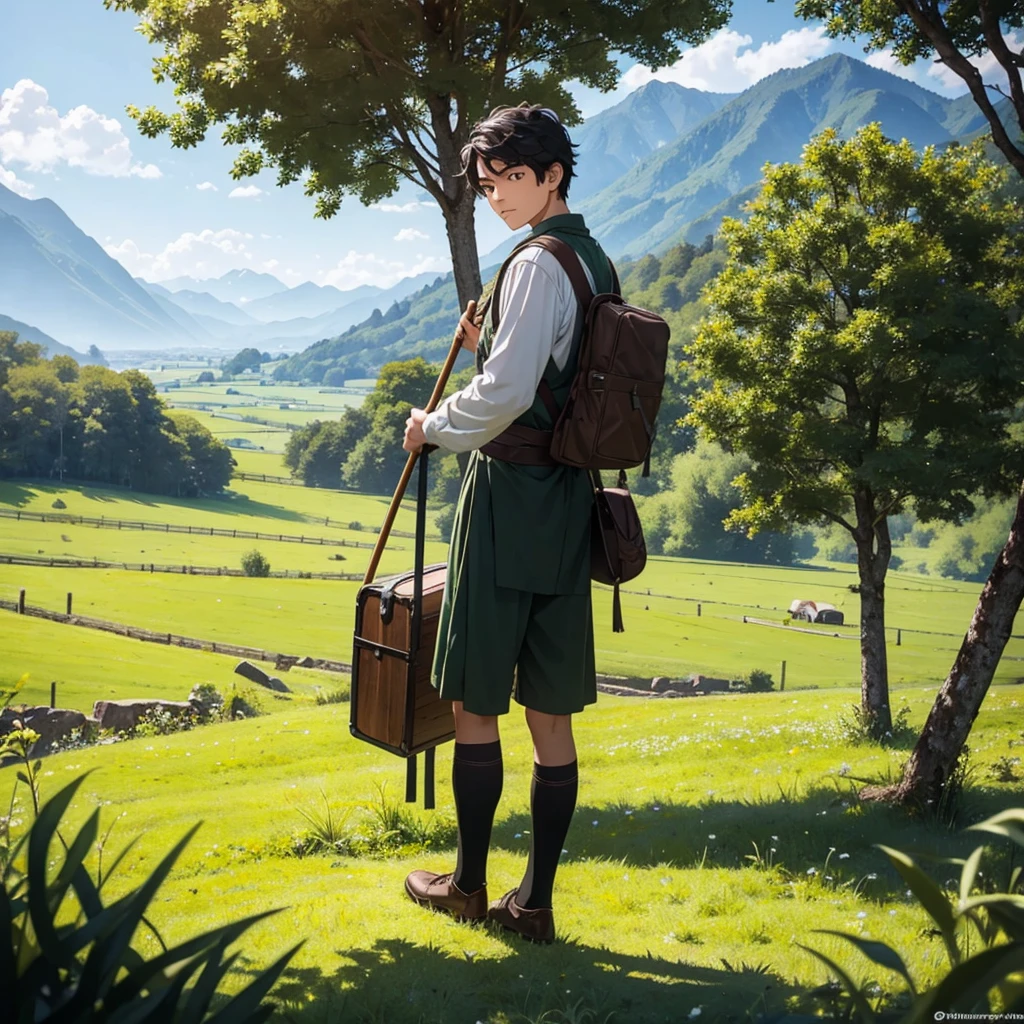 In a green meadow stands a faceless black hair boy holding stick of wooden with medieval farmer outfit
BREAK
Behind him, a green forest stretches out and beyond that, mountains rise in the distance.