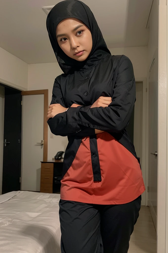 Seorang wanita Indonesia berhijab hitam usia 38tahun memakai baju seksi.background kamar