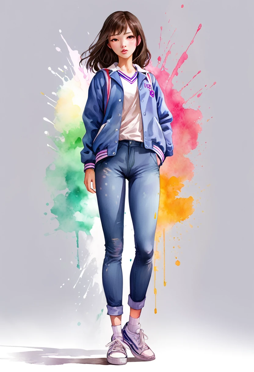 Green Screen, Plain background, High School Uniform:2, Fantasy digital watercolor painting, Photoshop Watercolor Brushes, One girl, sneakers, Standing pose, whole body, anime, high school student, Your Name, NewJeans, Korean Girls, Dramatic lighting from below