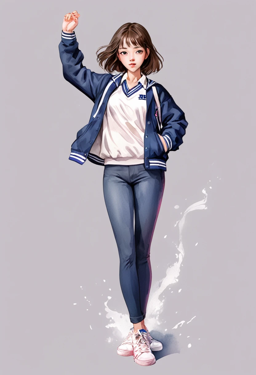 Green Screen, Plain background, High School Uniform:2, Fantasy digital watercolor painting, Photoshop Watercolor Brushes, One girl, sneakers, Standing pose, whole body, anime, high school student, Your Name, NewJeans, Korean Girls, Dramatic lighting from below