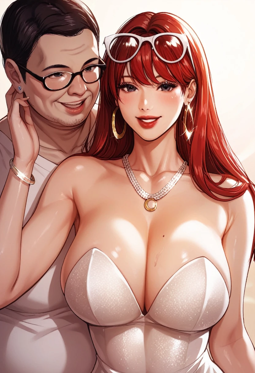 Hot sexy beautiful milf mom  dancing with ugly fat old man in club,slender body, detailed lips rings ,red  hair,black eyes,white sun glasses on head, detailed , big  hoops earrings , alluring face, smiling, necklace , red lipstick ,white strapless sequin dress,heels,