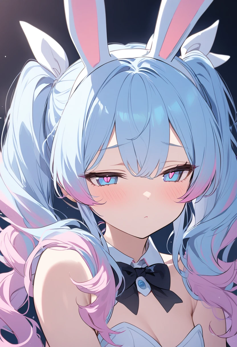 Blue eyes with pink pupils, Half-closed eyes, Light blue hair in twin tails with pink tips。She has bunny ears, Bunny girl