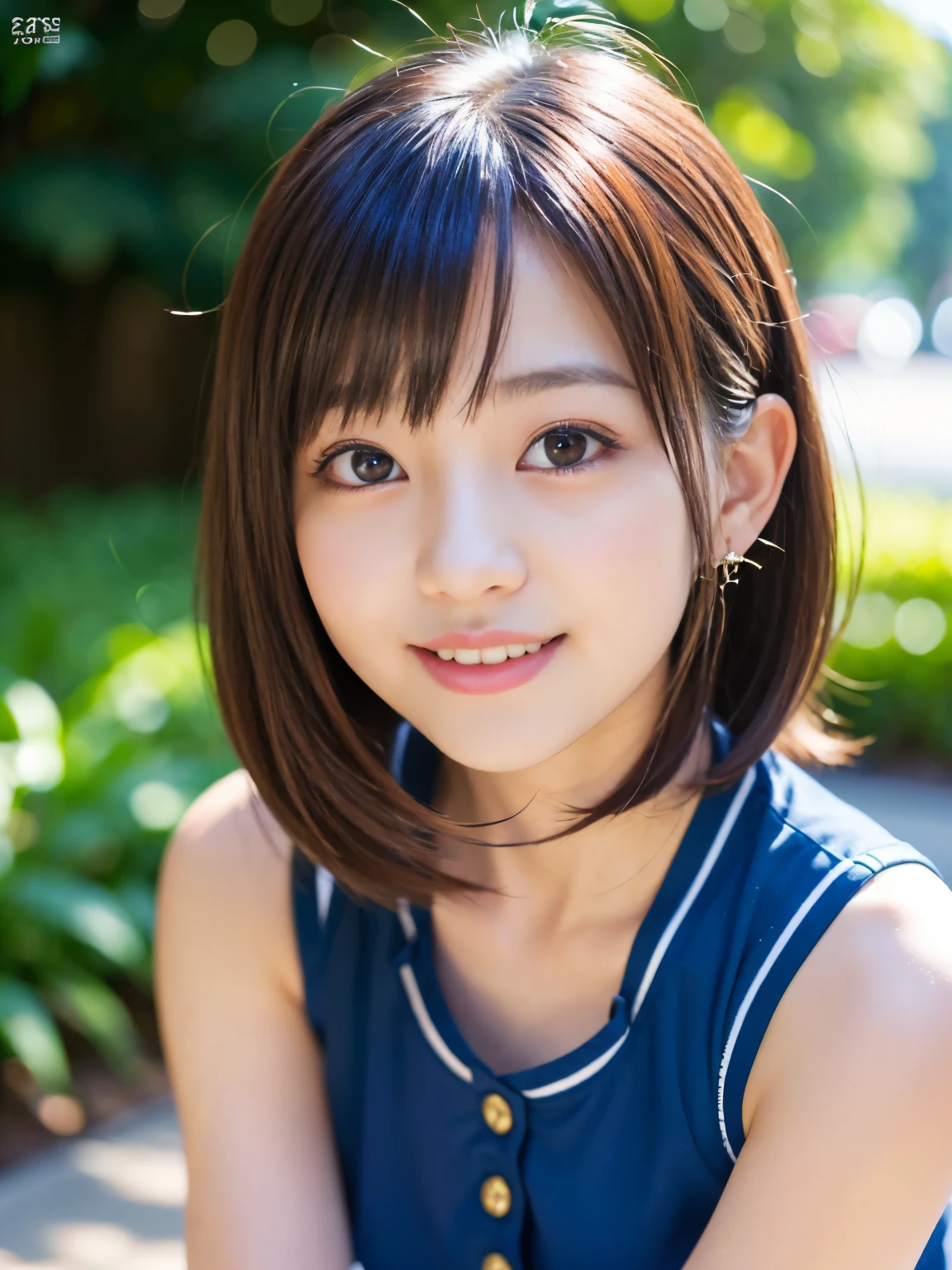 (Best-quality, Masterpiece, Ultra-High-Resolution, (Photorealistic:1.4), Raw Photo, depth of field, professional lighting, perfect anatomy, extremely details), 1girl, 15-years-old, the most famous Japanese idol, (wearing sleeveless casual-dress with cute-design), (looking at viewer), (innocent smile), (extremely cute and extremely realistic face like the most popular Japanese idol, ((extremely cute and extremely realistic big-round-eyes)), extremely cute and extremely realistic hair), ((((extremely cute and extremely realistic skins)))), extremely cute and extremely realistic long-eyelashes, extremely cute and extremely realistic lips, extremely childish body