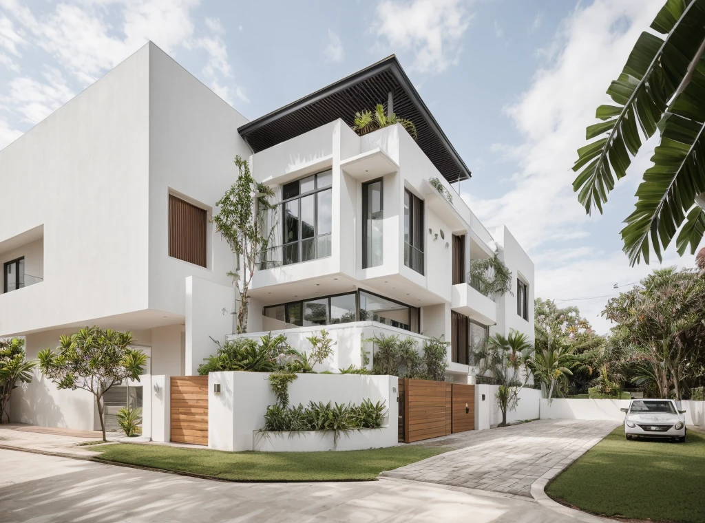 RAW photo, 8k uhd, dslr, soft lighting, high quality, film grain, Fujifilm XT3
exterior, outdoors, house, modern style, white wall, wooden ceilings, iron roof, glass windows, balcony, gate, 
on the street vietnam,road,pavement, grass,tropical trees, sky, daylight,