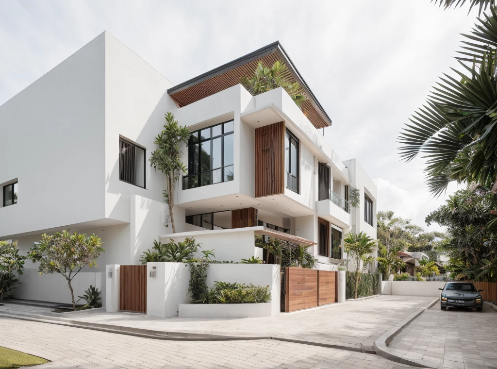 RAW photo, 8k uhd, dslr, soft lighting, high quality, film grain, Fujifilm XT3
exterior, outdoors, house, modern style, white wall, wooden ceilings, iron roof, glass windows, balcony, gate, 
on the street vietnam,road,pavement, grass,tropical trees, sky, daylight,