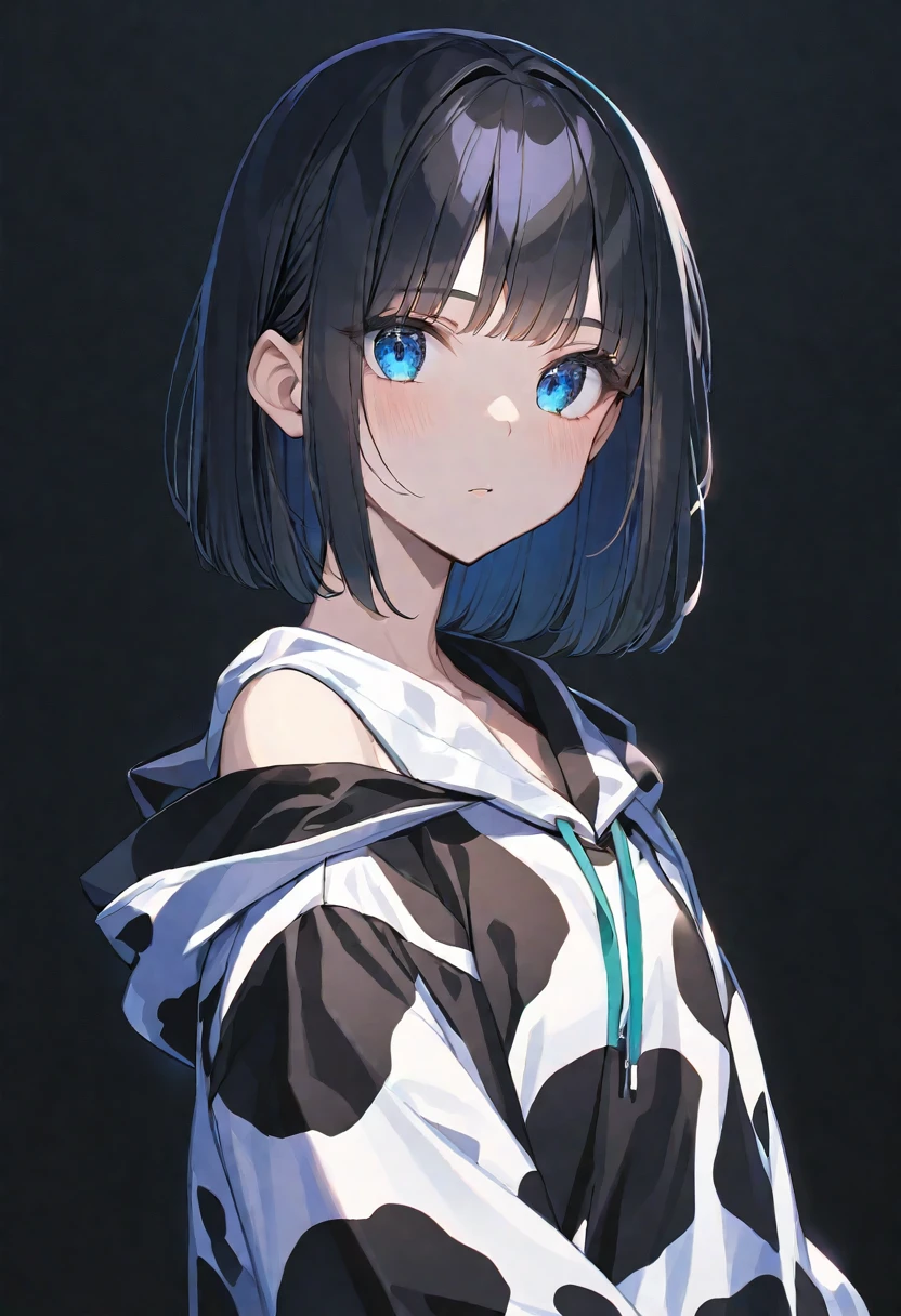 solo, handsome, Glossy feel,
1. Female,
Hime cut,Straight Hair,Bob Hair,
black hair,
Nakano Yotsuba,
Blue Eyes,Soft look,beautiful,beautiful,Sexy,
Darkness,Cow pattern, Off Shoulder,hoodie,
skin,Alluring,
black background,Black Rose