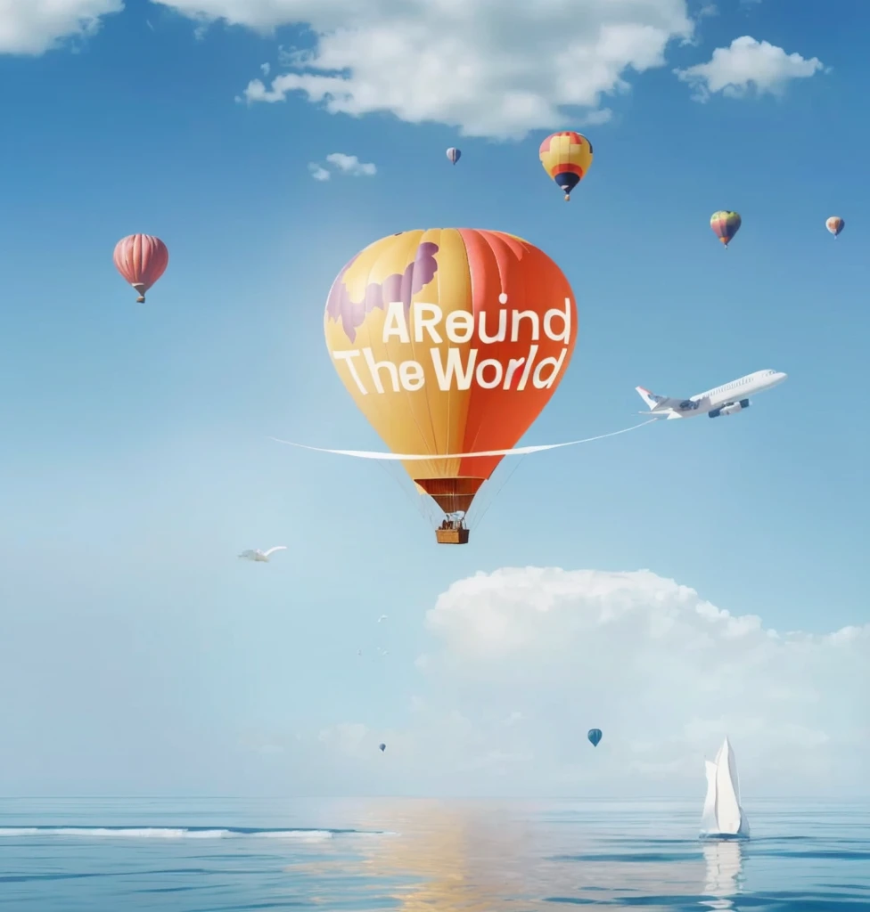 there is a picture of a hot air balloon flying over the ocean, around the world, official artwork, travel ad, travel upwards, round-cropped, round about to start, official art, round background, screen capture, round, screen grab, promotional render, round round round nose, promotional artwork, 🪔 🎨;🌞🌄, tourist destination, promotional art on balloon text "travel round the world" 32K  Hyperrealistic style