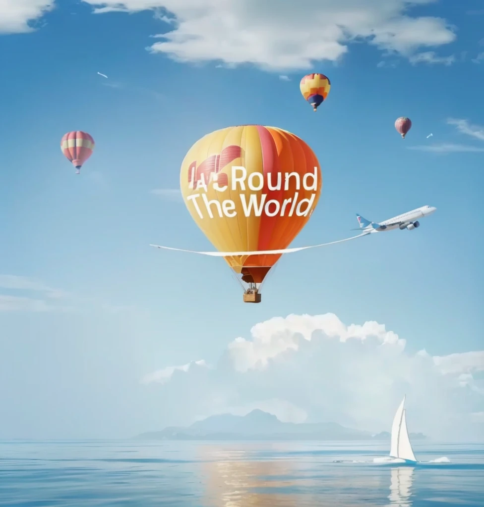 there is a picture of a hot air balloon flying over the ocean, around the world, official artwork, travel ad, travel upwards, round-cropped, round about to start, official art, round background, screen capture, round, screen grab, promotional render, round round round nose, promotional artwork, 🪔 🎨;🌞🌄, tourist destination, promotional art on balloon text "travel round the world" 32K  Hyperrealistic style
