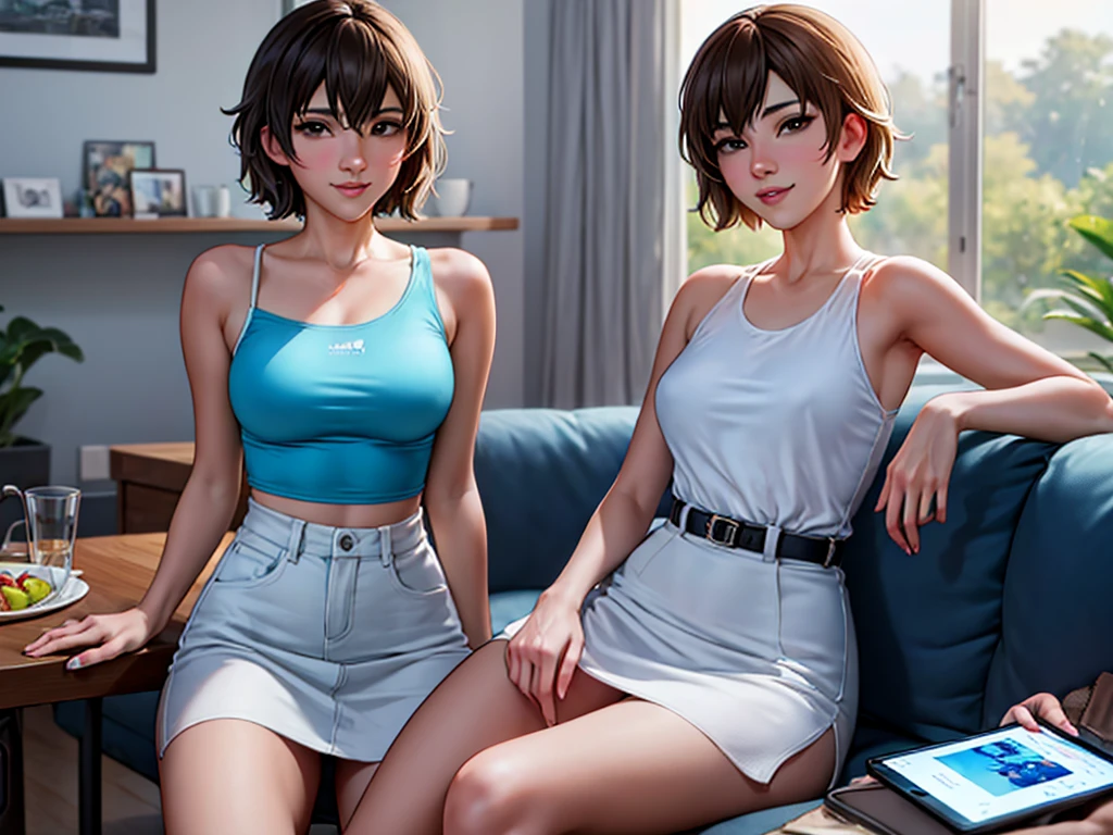 high quality, Makoto Shinkai style, detailed facial details, bright colors, 4K, (solo:1.3), A 20-year-old beautiful woman with short hair, wearing a white tank top and a white miniskirt, is sitting at a dining table in a modern living room. She is smiling and looking at the camera while using an iPad for Google search. A Wi-Fi router is placed on the table. The room is decorated with abstract art