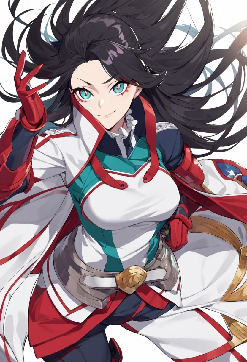 Pantalla de my hero academia, Mujer, pelo blanco largo, ojos de color rojos con el uniforme de la ua linda y con un tatuaje