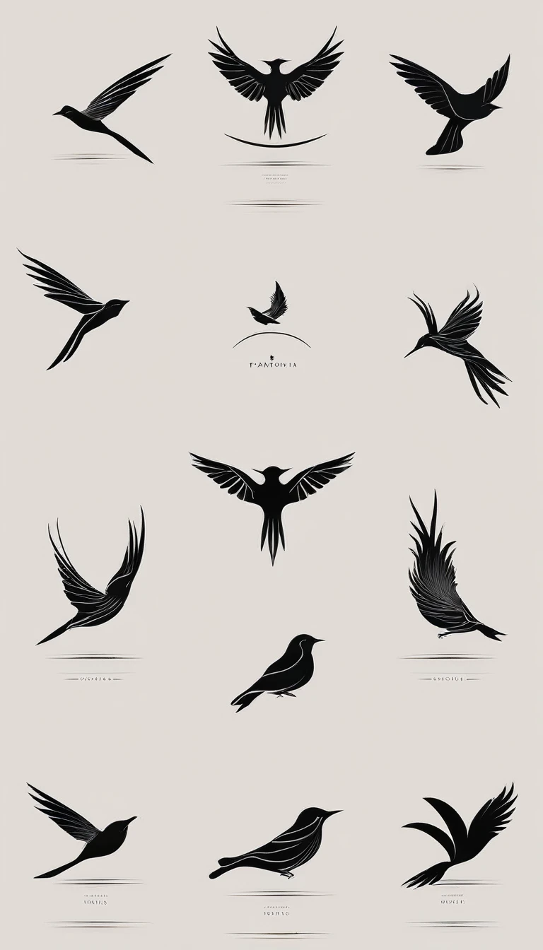 A minimal, modern, simple, cinematic logo design for the brand “Penamemoria". Create a modern, minimalistic, high-quality, logo of a bird with special and thin threads as tail