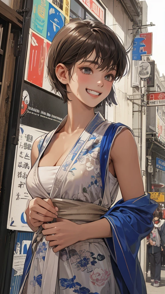 (perfect anatomy:1.2)(absurdres, highres, ultra detailed),masterpiece,best quality,high resolution,8k,Realistic face,Realistic skin texture,magnified textures, stunning clarity,detailed anime girl,(ultra detailed eyes and face),(14 years old:1.2),(baby face:1.2),japanese girl,floral printed blue yukata,、(very short hair, two side up:1.4)、tareme,light brown hair:1.2,kanzashi、glamor、short stature、(grin:1.4)、(bust up:1.4),Steampunk in the Edo Period、(Vivid hieroglyph signs and street advertisements:1.2)、busy、(worried:1.4),autumn、hieroglyph,souk、Shopping Street、Ancient Egyptian statues,reaching out,(tanned skin:1.3 ),big breasts,look up viewer,round face,Shoulder Bare,(from front:1.2),(cleavage cutout:1.4),