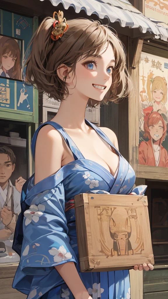 (perfect anatomy:1.2)(absurdres, highres, ultra detailed),masterpiece,best quality,high resolution,8k,Realistic face,Realistic skin texture,magnified textures, stunning clarity,detailed anime girl,(ultra detailed eyes and face),(14 years old:1.2),(baby face:1.2),japanese girl,floral printed blue yukata,、(very short hair, two side up:1.7)、tareme,light brown hair:1.2,kanzashi、glamor、short stature、、(bust up:1.4),Steampunk in the Edo Period、(Vivid hieroglyph signs and street advertisements:1.2)、busy、(grin:1.4)(worried1.4),、hieroglyph,souk、Shopping Street、,(tanned skin:1.4),big breasts,look up viewer,round face,Shoulder Bare,(from front:1.2),(cleavage cutout),busy
