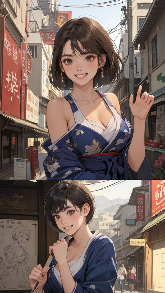(perfect anatomy:1.2)(absurdres, highres, ultra detailed),masterpiece,best quality,high resolution,8k,Realistic face,Realistic skin texture,magnified textures, stunning clarity,detailed anime girl,(ultra detailed eyes and face),(14 years old:1.2),(baby face:1.2),japanese girl,floral printed blue yukata,、(very short hair, two side up:1.7)、tareme,light brown hair:1.2,kanzashi、glamor、short stature、、(bust up:1.4),Steampunk in the Edo Period、(Vivid hieroglyph signs and street advertisements:1.2)、busy、(grin:1.4)(worried1.4),、hieroglyph,souk、Shopping Street、,(tanned skin:1.4),big breasts,look up viewer,round face,Shoulder Bare,(from front:1.2),(cleavage cutout),busy