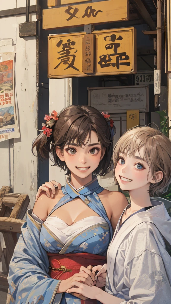 (perfect anatomy:1.2)(absurdres, highres, ultra detailed),masterpiece,best quality,high resolution,8k,Realistic face,Realistic skin texture,magnified textures, stunning clarity,detailed anime girl,(ultra detailed eyes and face),(14 years old:1.2),(baby face:1.2),japanese girl,floral printed blue yukata,、(very short hair, two side up:1.7)、tareme,light brown hair:1.2,kanzashi、glamor、short stature、、(bust up:1.4),Steampunk in the Edo Period、(Vivid hieroglyph signs and street advertisements:1.2)、busy、(grin:1.4)(worried1.4),、hieroglyph,souk、Shopping Street、,(tanned skin:1.4),big breasts,look up viewer,round face,Shoulder Bare,(from front:1.2),(cleavage cutout),busy