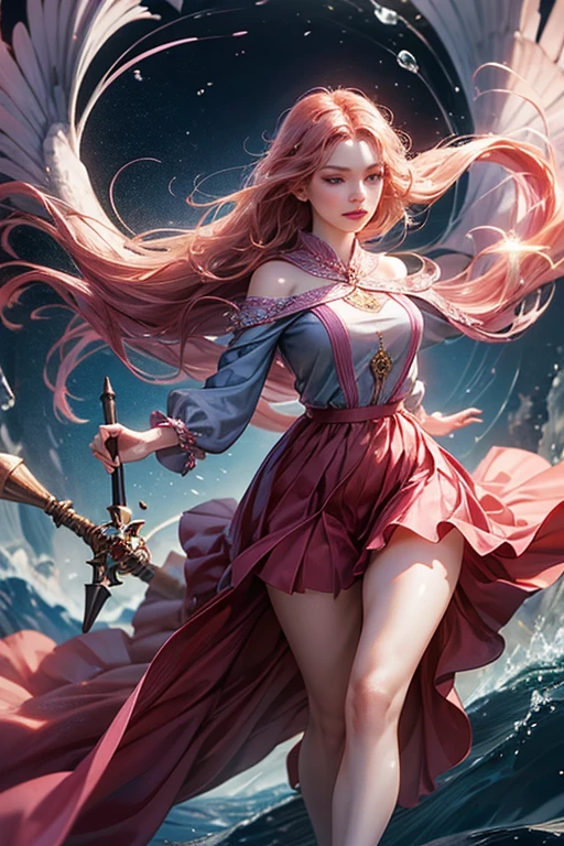 "Create an ultra-realistic image of a beautiful 19-year-old female fairy with large, delicate wings that ripple gracefully, embodying the essence of air and wind. She should be holding a magical staff that radiates the dynamic energy of the air, with gusts swirling around it. Dress her in an elegant, dark pink outfit that captures the mystique and fluidity of the air. Surround her with elements of air, such as gentle breezes and swirling currents, to emphasize her mastery over this element. Include a distinct air symbol or design on her body, indicating her role as the keeper of air and wind, showcasing the powerful airy energy she embodies within her."