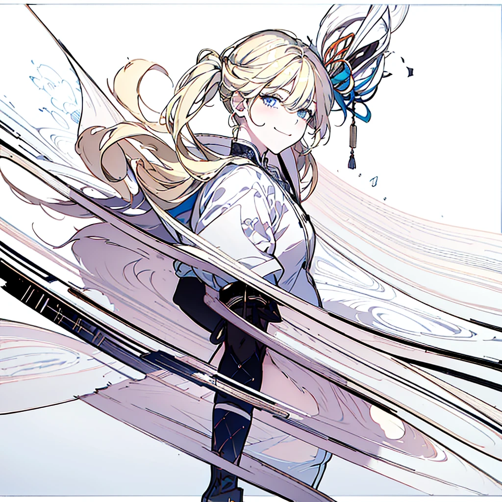A full-body illustration of a handsome man looking at you and smiling。boots,visual kei,onii kei、Delicate Drawing、Blonde、acrylic、Thick Coating、Color Sketch、in the style of bold line,White background。A suitable background --s 70
