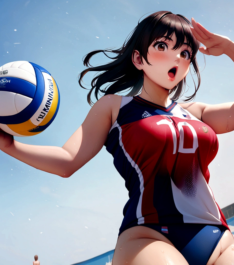 arafed asian woman in a red and black swimsuit holding a volleyball ball, wearing a volleyball jersey, sakimichan HDRI, Asuka as a surfer model, Chiho, erika ikuta, Asuka, usa volleyball, Renji Murata and Artgerm, aoshima Chiho, volleyball, lower angle, mayuri shiina