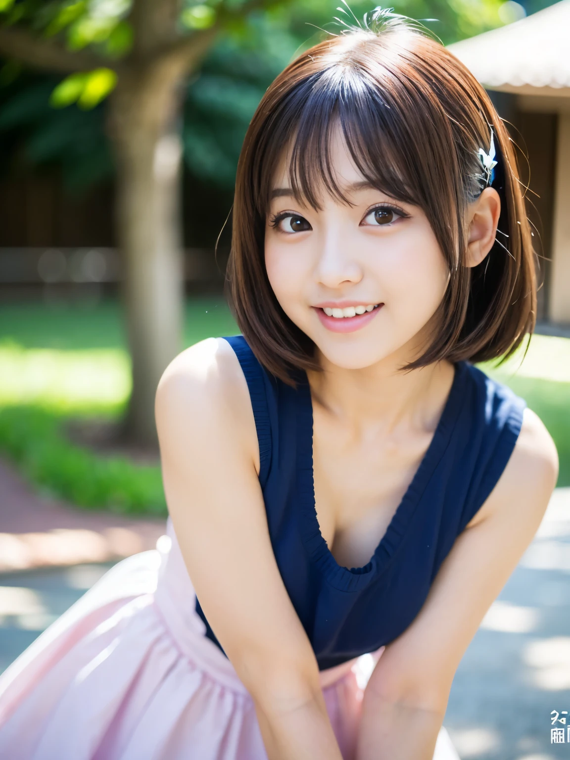 (Best-quality, Masterpiece, Ultra-High-Resolution, (Photorealistic:1.4), Raw Photo, depth of field, professional lighting, perfect ???????, extremely details), 1girl, 15-years-old, the most famous Japanese idol, (wearing sleeveless casual-dress with cute-design), (looking at viewer), (innocent smile), (extremely cute and extremely realistic face like the most popular Japanese idol, ((extremely cute and extremely realistic big-round-eyes)), extremely cute and extremely realistic hair), ((((extremely cute and extremely realistic skins)))), extremely cute and extremely realistic long-eyelashes, extremely cute and extremely realistic lips, extremely childish body