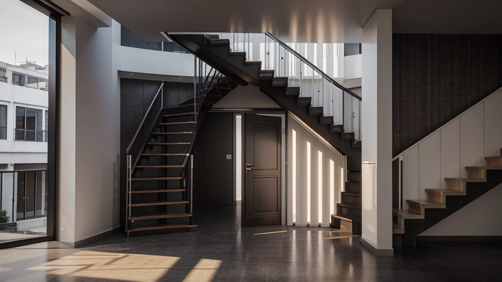 a rendering of a two story building with a staircase leading to the second floor, building facing, realistic building, perspective view, an extremely detailed building, architectural concept, office building, rendered 3d model, single building, full building, 3d rendering, 3 d rendering, perspective view, multistory building, orthographic 3d rendering, realistic concept, white mix black color, ISO 1600, dark color
