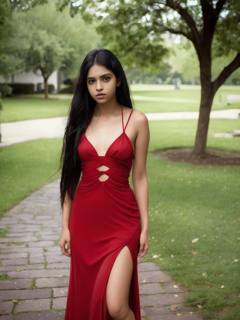 Portrait of 18 years old charming teenager, healthy, beautiful Indian woman, very long black hair, cute and serious, naughty and provoking expression to the viewer, ((red strappy dress))), jeans, full body, in the park, sexy, small breasts , perky flat chest, ultrarealistic, photorealistic, detailed, light skin, detailed in 8K, [no worries, NSFW,]