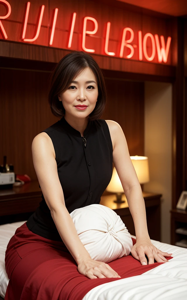 最high quality, 8k,  lively, sharp focus, high quality, High resolution, middle-aged women, mature woman, 45 years old, (Full body Esbian), (Detailed face wearing high heels, highly detailed eyes, thick lips, Plump body shape、Plump face、big breasts、woman:3,  mature face, Hardcore, prostitution, red light district, massage room, low light, neon sign on the wall, groggy looking room, messy bed