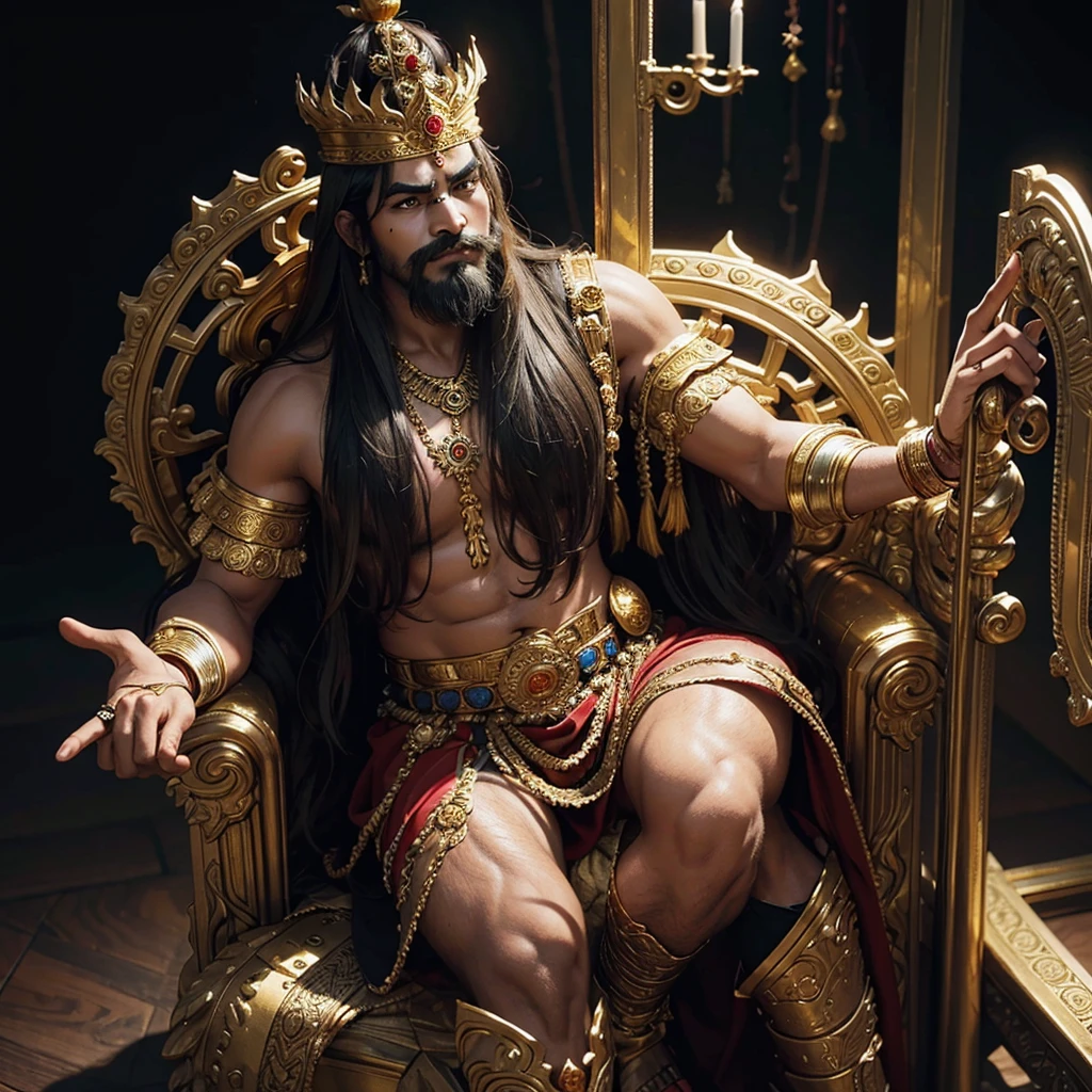 powerfull Ravana had a very dark complexion and was huge, with thick and long hair, a golden crown on his head and sitting on a golden throne in his palace.