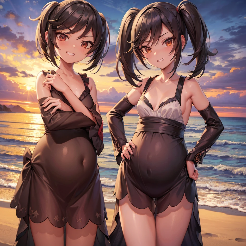 (masterpiece:1.2), (best quality), (ultra detailed), (8k, 4k, intricate), (full-body-shot:1), (highly detailed:1.2), (detailed face:1.2), (detailed background), (beach background), detailed landscape, ((pov)), cowboy shot, standing, furisode_kirika, grin, hands on hips, detached sleeves, skimpy kimono, pregnant,