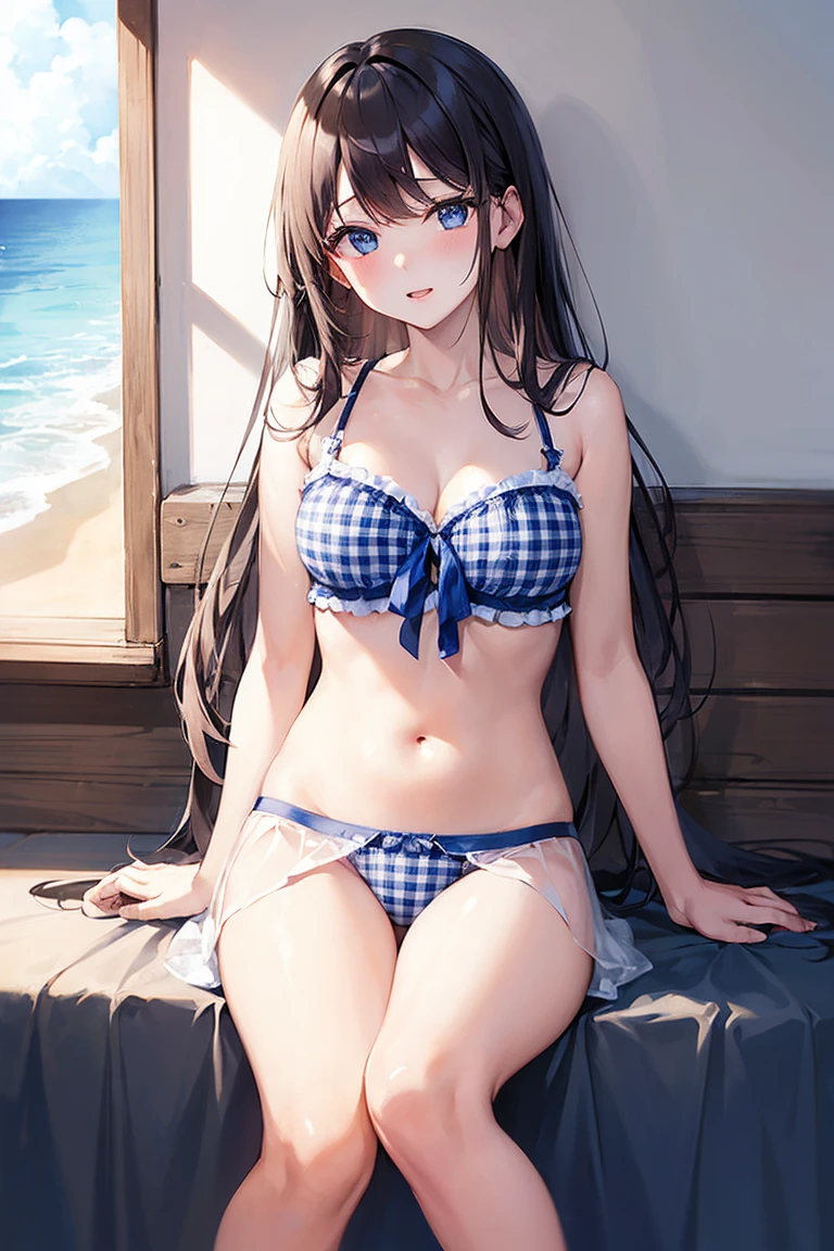 (((masterpiece、Highest quality、High resolution、sunlight、delicate)))Long black hair、Blue Eyes、coastal、Beach、Naughty look、White and blue plaid bra、White and blue plaid panties、Bend your legs、Woman's face、Hot Face、A slightly troubled look、Sweaty skin、blue sky、squat、Spread your legs、Underwear is visible、Embarrassing、Side Ponytail、Scrunchie
