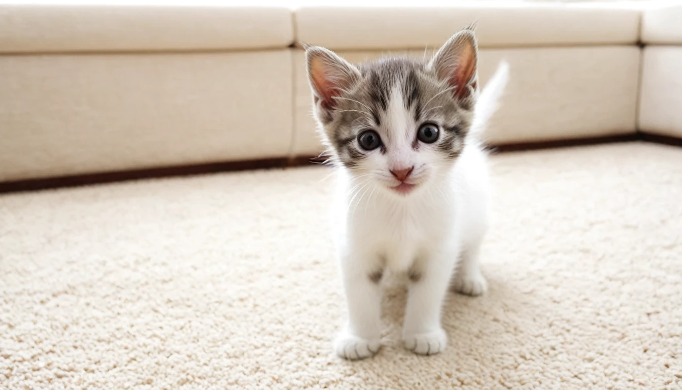 「In the living room at home、A mother finds a skinny kitten、Smiling kindly and watching over