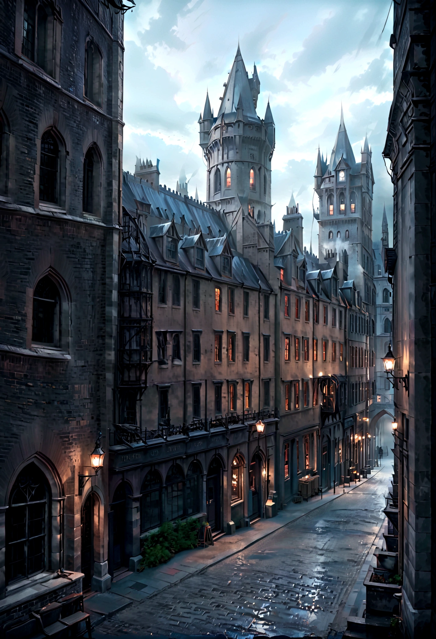 A Dark Gothic Castle in Ireland, Dark Magic, History Harry Potter, Very detailed, 8K, Reality, masterpiece, Dark Fantasy, Dramatic Lighting, GLOOMY AMBIANCE, surreal gothic pictures fotorealista