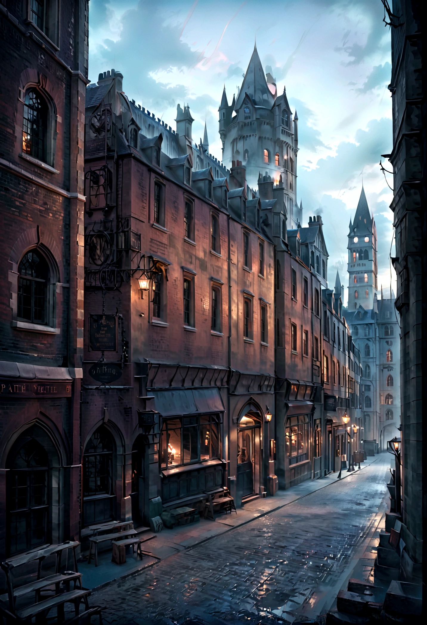 A Dark Gothic Castle in Ireland, Dark Magic, History Harry Potter, Very detailed, 8K, Reality, masterpiece, Dark Fantasy, Dramatic Lighting, GLOOMY AMBIANCE, surreal gothic pictures fotorealista