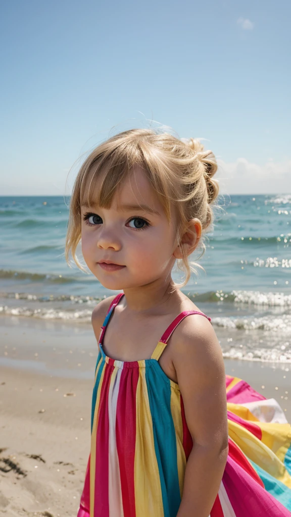 a six years old baby , blonde hair up to shoulders bangs, colorfull dress, beatch sea